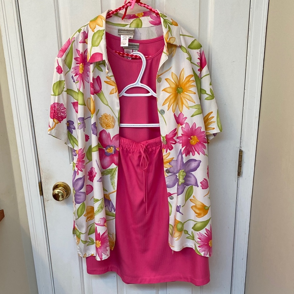 Coldwater Creek Floral Blouse and Pink Top and Skirt Set